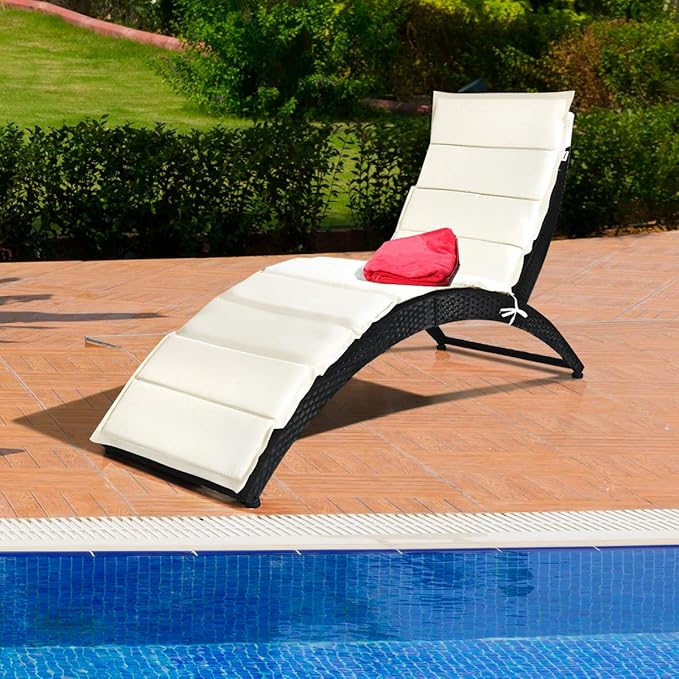 HAPPYGRILL Modern White Rattan & Steel Foldable Patio Lounge Chair - Outdoor Wicker Chaise Lounger with Cushion - Patio Furniture Set for Backyard, Patio, Garden, Lawn, Balcony, Beach, Pool, Porch