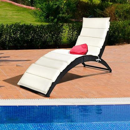 HAPPYGRILL Modern White Rattan & Steel Foldable Patio Lounge Chair - Outdoor Wicker Chaise Lounger with Cushion - Patio Furniture Set for Backyard, Patio, Garden, Lawn, Balcony, Beach, Pool, Porch