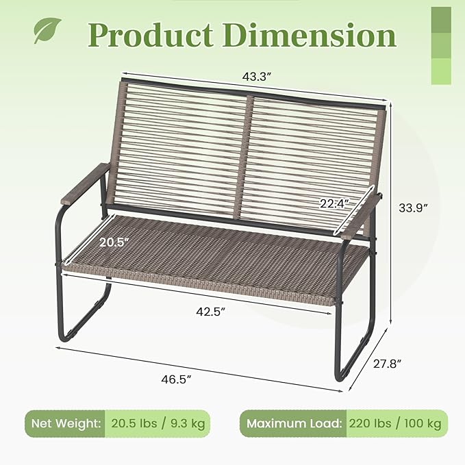 AECOJOY Outdoor Garden Bench, Weatherproof Wicker Outside Benches Clearance, Black Patio Loveseat with Backrest Armrests for Lawn Yard Porch Work Entryway (Brown Vine Back)
