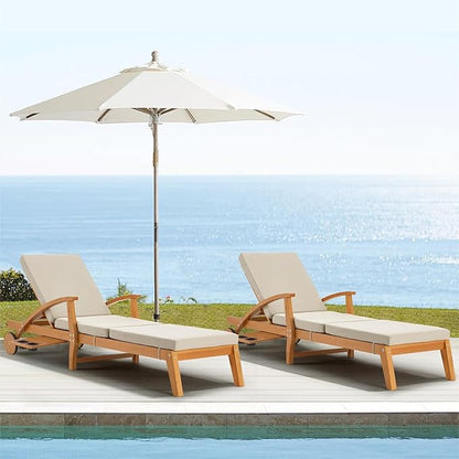 HOMREST Wood Chaise Lounge Recliner Set of 2, 83x23in Patio Chaise Lounger Recliner with Slide-Out Side Table & Cup Holder, Foam-Padded Cushion, Adjustable Backrest, Wheels (Beige)