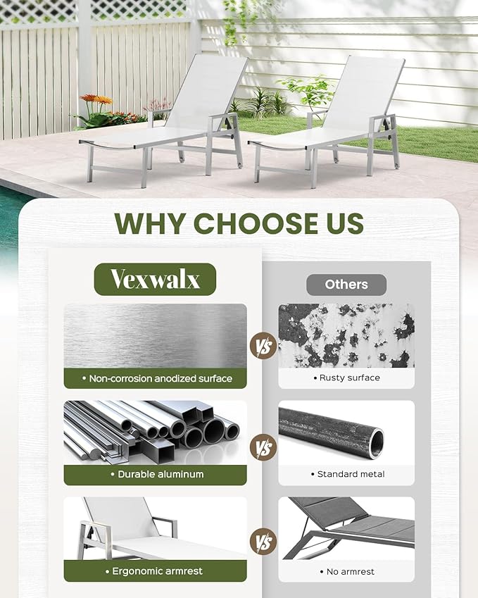 Patio Chaise Lounge Chair Outdoor with Wheels&Armrests, Aluminum Pool Lounge Chairs Five-Position Adjustable Recliner with Side Table, Outdoor Beach Lounge Chairs for Poolside, Deck, Garden, White