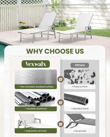Patio Chaise Lounge Chair Outdoor Set of 2 with Wheels&Armrests, Aluminum Pool Lounge Chairs Five-Position Adjustable Recliner, Outdoor Beach Lounge Chairs for Poolside, Patio, Deck, Yard, White