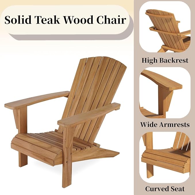 Solid Teak Wood Chair with Wide Armrest, Teak Adirondack Chair with Footrest, Durable and Weather Resistant, Wooden Lounge Chairs for Garden/Yard/Patio/Lawn（Teak Wood