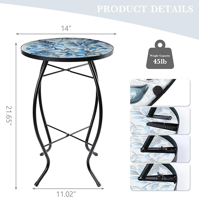 MUMTOP Side Patio Tables-Mosaic Outdoor Side Table - 14’’ Blue and Transparency Leaf Glass Accent Round EndTable, Plant Stand Indoor Small CoffeeTable for Garden or Living Room Decor