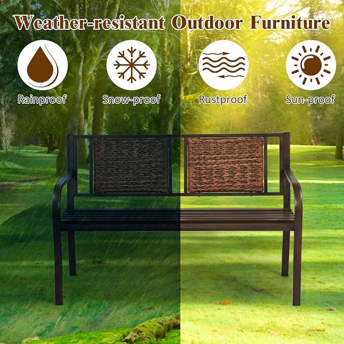 S AFSTAR Outdoor Garden Bench, Brown, Iron, Metal, Polyethylene, Rattan, 50.5 in Width, 2 Adults - Photo 4
