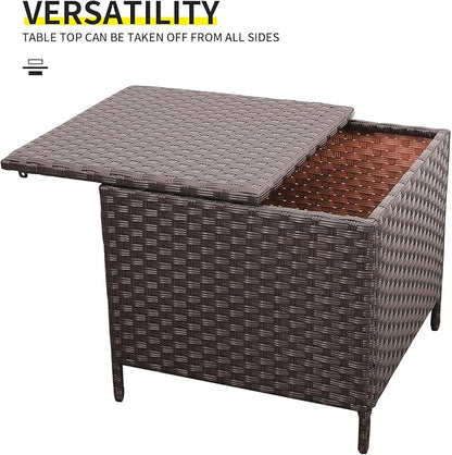 Outdoor Wicker Storage Side Table, Patio Brown PE Rattan End Table with Storage, Square Container for Furniture Covers, Toys, and Gardening Tools