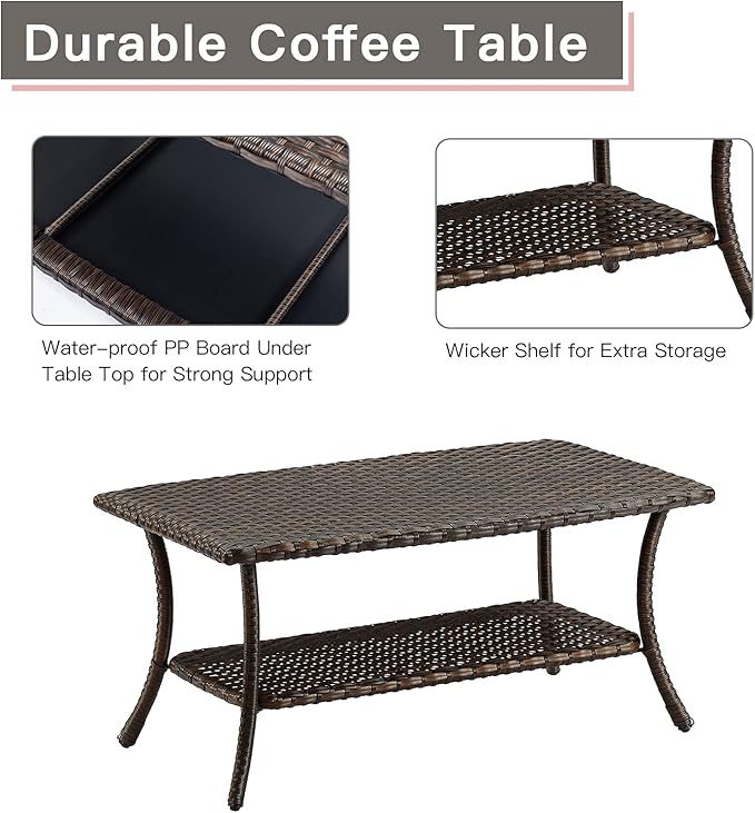 Rilyson Patio Tables Outdoor Coffee Table - Wicker Rattan Coffee Tables with 2-Tier Storage Shelf Side Table for Porch Deck Balcony Garden Outside Rectangle Brown
