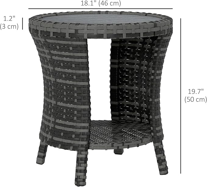 Outsunny 18" Outdoor Wicker Coffee Table, 2-Tier Patio Side Table with Storage, PE Rattan Outdoor Coffee Table with Composite Wood Top, Steel Frame for Garden Backyard Balcony, Gray