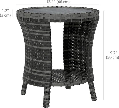 Outsunny 18" Outdoor Wicker Coffee Table, 2-Tier Patio Side Table with Storage, PE Rattan Outdoor Coffee Table with Composite Wood Top, Steel Frame for Garden Backyard Balcony, Gray
