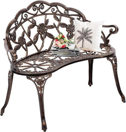 YRLLENSDAN Outdoor Bench 40in Steel Front Porch Decor Floral Garden Bench, Rose Metal Bench Outdoor Loveseat Cast Iron Patio Furniture Lawn Path Yard Deck Decor for 2 Person Seat, Bronze