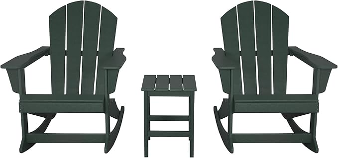 WO WESTIN OUTDOOR HDPE Laguna Outdoor Rocking Poly Adirondack Chair with Side Table 3-Piece Set, Dark Green