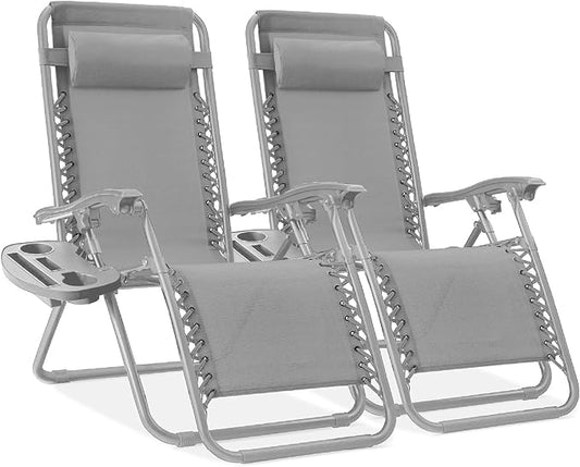 Best Choice Products Set of 2 Adjustable Steel Mesh Zero Gravity Lounge Chair Recliners w/Pillows and Cup Holder Trays - Dove Gray