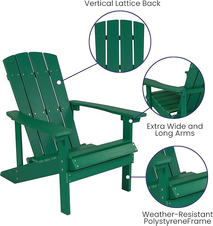 Flash Furniture Charlestown Poly Resin Adirondack Chair - Green - All Weather - Indoor/Outdoor - Set of 4