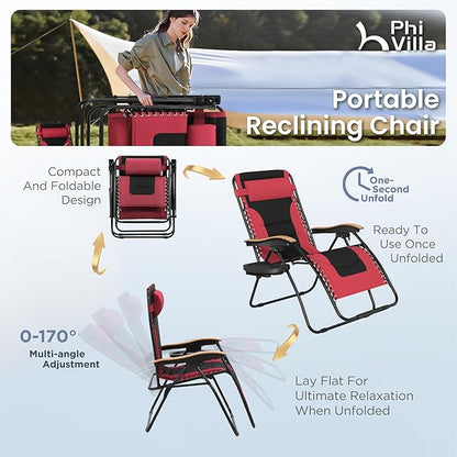 PHI VILLA XXL Oversized Padded Zero Gravity Chair, Foldable Patio Recliner, 30" Wide Seat Anti Gravity Lounger with Cup Holder, Support 400 LBS (Red)