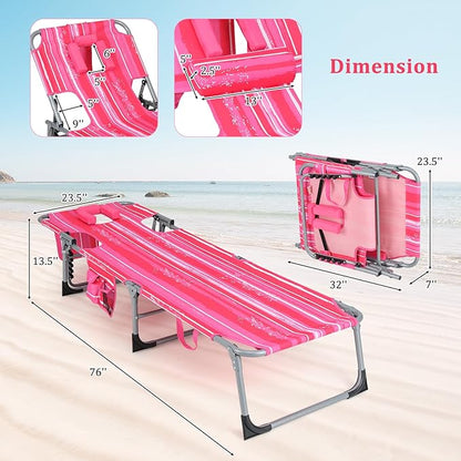 Goplus Tanning Chair, Folding Adjustable Patio Lounge Chair with Face Hole, Removable Pillow, 330LBS, Carry Strap, Outdoor Sunbathing Chair, Lightweight Portable Beach Lounge Chair, No Assembly