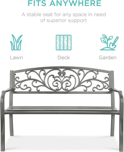 Best Choice Products Outdoor Bench Steel Garden Patio Porch Furniture for Lawn, Park, Deck w/Floral Design Backrest, Slatted Seat - Gray