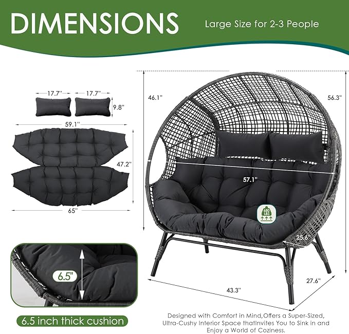 NICESOUL® Double Egg Chair Indoor Outdoor Stationary Oversized 6.5" Thick Padded Cushions - Photo 2