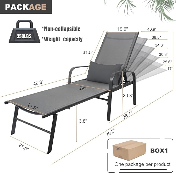 Outdoor Chaise Lounge Chair Adjustable Pool Lounge Chairs with Lumbar Pillow Outside Tanning Chairs for Beach Deck - Photo 3