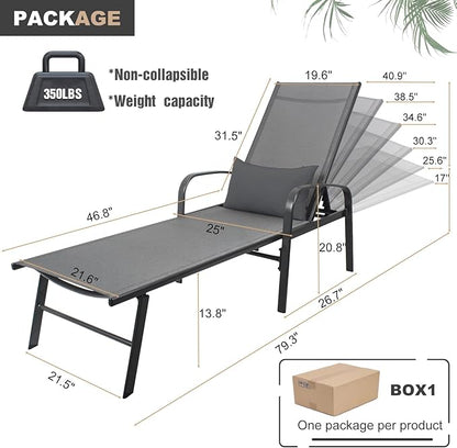 Outdoor Chaise Lounge Chair Adjustable Pool Lounge Chairs with Lumbar Pillow Outside Tanning Chairs for Beach Deck Backyard Lawn (Grey, 2 pcs)