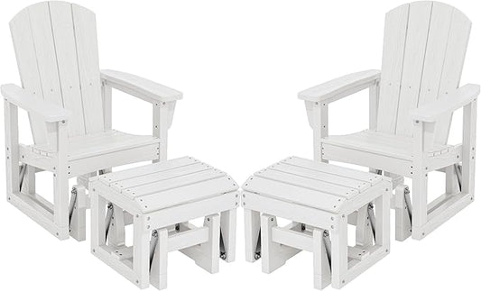 SERWALL Outdoor Glider Chair Set of 2 with Ottoman, HDPE Wood-Like Patio Glider Set All-Weather Porch Glider for Outside, White