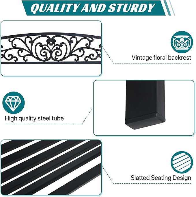 YRLLENSDAN 50" Outdoor Bench w/Floral Design Backrest Garden Bench, Cast Iron Patio Bench Arch Legs Metal Benches for Porch Lawn Front Porch, Black