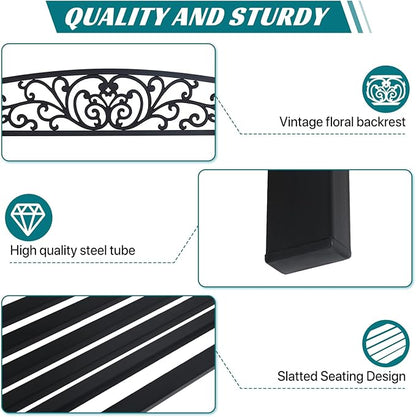 YRLLENSDAN 50" Outdoor Bench w/Floral Design Backrest Garden Bench, Cast Iron Patio Bench Arch Legs Metal Benches for Porch Lawn Front Porch, Black