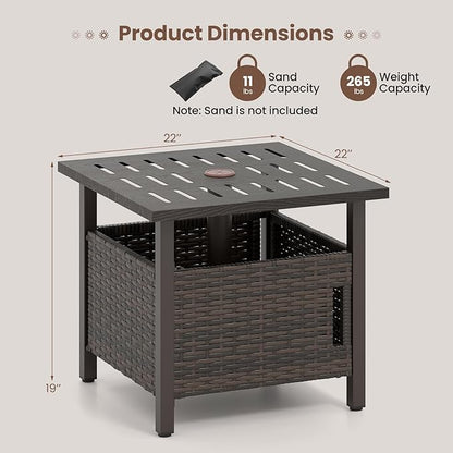 Tangkula Outdoor Table with Hole, Patio Umbrella Table with 2 Sand Bags, 1.93" Umbrella Hole, Metal Frame, PE Wicker, Outdoor Side Table for Garden, Deck and Poolside