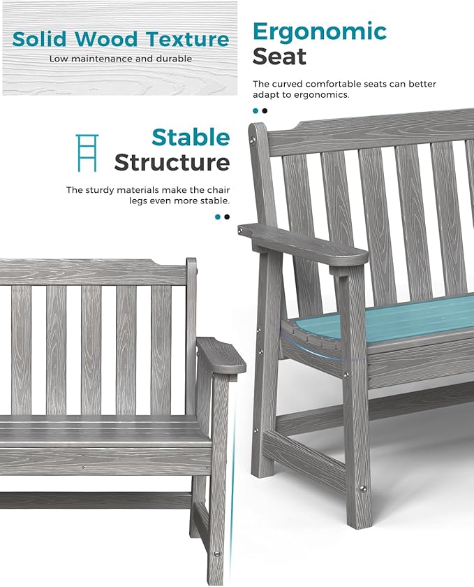 Outdoor Bench, 2-Person HDPE Garden Bench, All Weather Poly Patio Bench for Outdoors, Garden, Backyard, Porch and Park, 660 lbs Weight Capacity, Grey