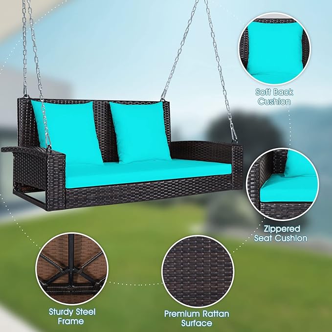 Tangkula 2-Person Wicker Hanging Porch Swing, Patiojoy Outdoor Rattan Swing Bench W/ 2 Back Cushions & 1 Seat Cushion - Photo 8