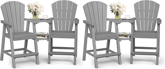 Ciokea Tall Adirondack Chairs Set of 4, HDPE Outdoor High Back Adirondack Chair with Double Connecting Tray, Weather Resistant Balcony Chairs for Deck, Lawn, Pool, Backyard, Gray