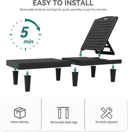 YITAHOME Outdoor Chaise Lounge Chair, Plastic Pool Chaise Lounge with 5-Position Backrest, Easy Assembly & Waterproof for Patio & Poolside, Set of 2, Black