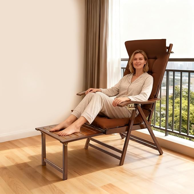 Foldable Bamboo Lounger Chair, Adjustable Back Patio Reclining Chair with Cushion & Massage Hammer - Photo 2