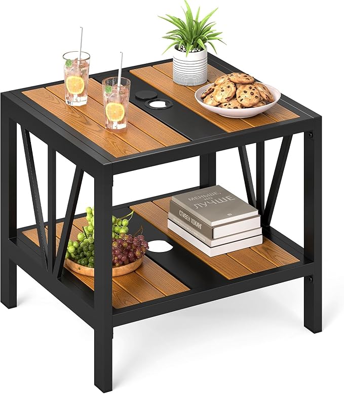 HAPPYGRILL Outdoor Side Table with Umbrella Hole 1.57”, 2-Tier Coffee Bistro End Table Umbrella Stand with Storage Shelf, for Backyard Poolside Garden (1)