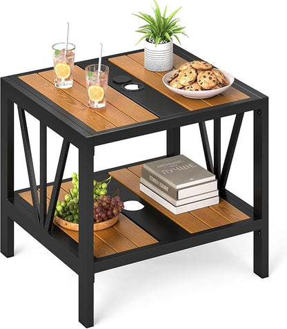 HAPPYGRILL Outdoor Side Table with Umbrella Hole 1.57”, 2-Tier Coffee Bistro End Table Umbrella Stand with Storage Shelf, for Backyard Poolside Garden (1)