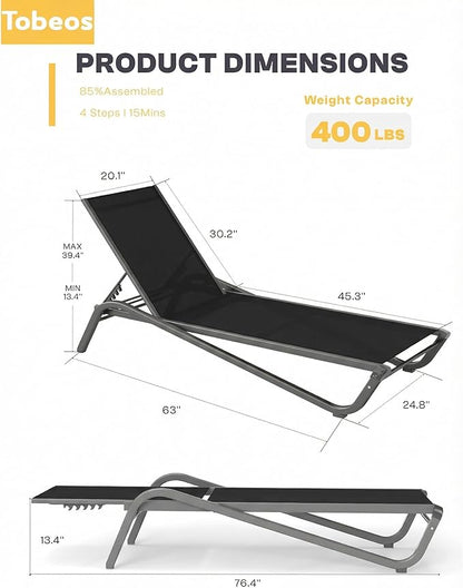 Outdoor Chaise Lounge Chair, 5-Position Adjustable Patio Lounge Chair with Ergonomic Aluminum Frame, Textilene Fabric Pool Loung Chairs for Poolside, Deck, Backyard (Black)