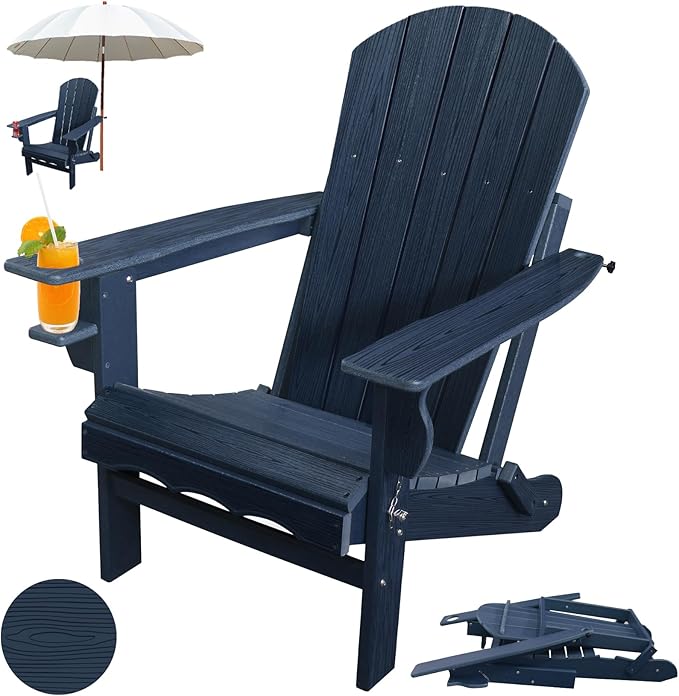 Folding Adirondack Chairs, HDPE Plastic Adirondack Chair with Cup Holder Weather Resistant - Photo 1