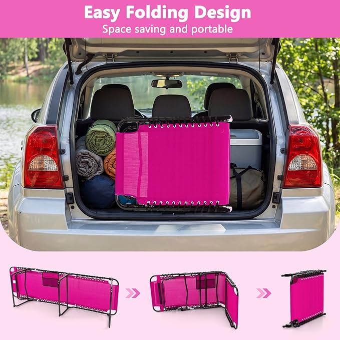 Giantex Patio Lounge Chairs for Outside - Set of 2 Folding Tanning Chair w/Headrest, 4 Adjustable Positions, Side Pocket, Outdoor Chaise Lounge for Camping, Pool, Sunbathing Beach Chair, Pink