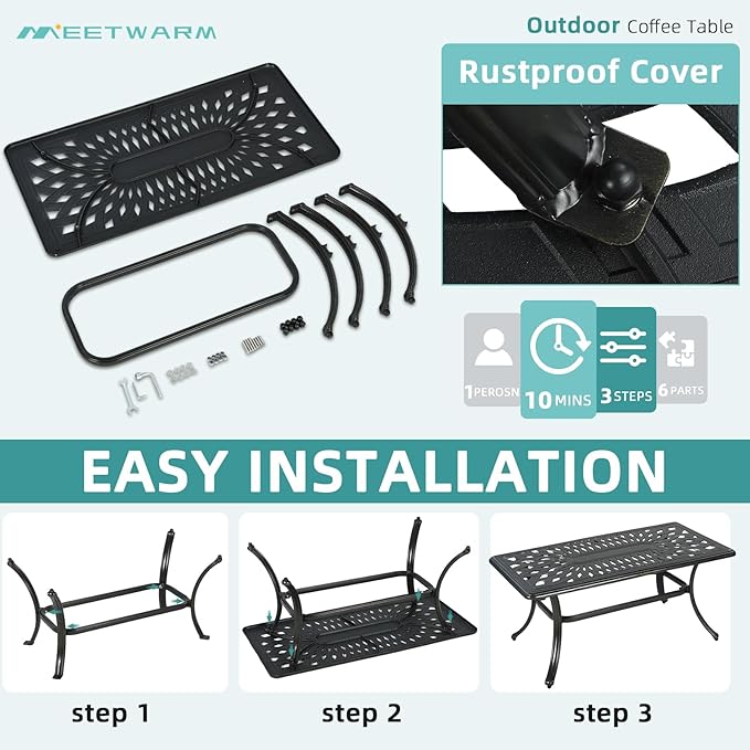 MEETWARM Outdoor Coffee Table, All-Weather Cast Aluminum 42" Rectangle Patio Coffee Table, 220 LBS Heavy Duty Patio Side Table for Balcony Poolside Deck Garden & Indoor Use, Dark Bronze