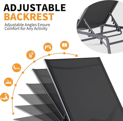 Lounge Chair Outdoor, Pool Lounge Chairs Foldable, Patio Lounge Chairs for Outside, Assemble-Free with Adjustable Backrest, Heavy-Duty Folding Patio Chair for Beach, Backyard & Camping, Black