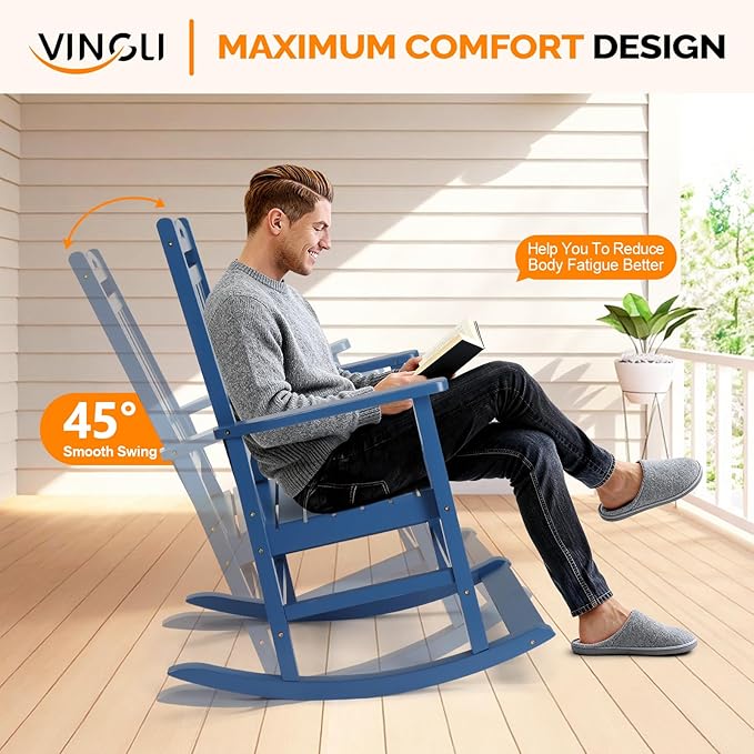 VINGLI Outdoor Rocking Chair with Footrest, Wooden Rocking Chair with 450 LBS Weight Capacity, Patio Rocker with Comfortable Backrest for Garden, Yard (Navy Blue, 1PC)
