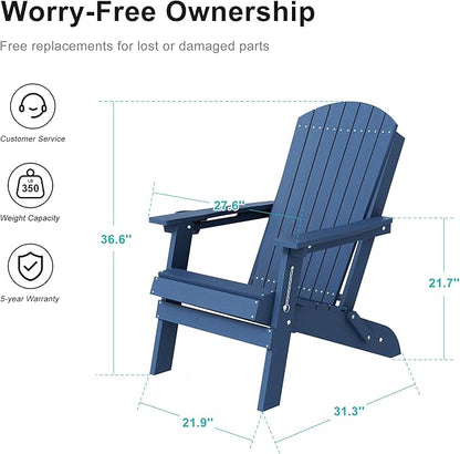 HDPE Foldable Adirondack Outdoor Chair Set of 4 with Cup Holder, Weather Resistant Heavy-Duty Patio Chair for Patio, Backyard, Deck, Fire Pit, Lawn and Porch, Navy Blue