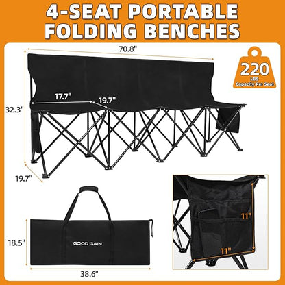G GOOD GAIN Portable Soccer Bench - Team Bench Soccer 4 Seats with Bag, Sideline Folding Bench, Folded Chair Seating 4 for Football Camp Outdoor Sport Events, Team Chairs for Adults, Black