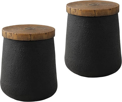 SUNBURY Outdoor Side Table, 13" W Black Outdoor End Tables Set of 2, Patio Accent Side Table, Concrete Garden Stool Wooden-Look Top for Livingroom, Garden, Backyard