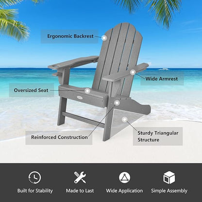 Tangkula Adirondack Chair Outdoor, Fade Resistant HDPE Armchairs with Cup Holder, Weather Resistant Lounger Chairs for Patio Garden Backyard Deck, Lawn Porch Seating, Adirondack Lounger (2, Grey)