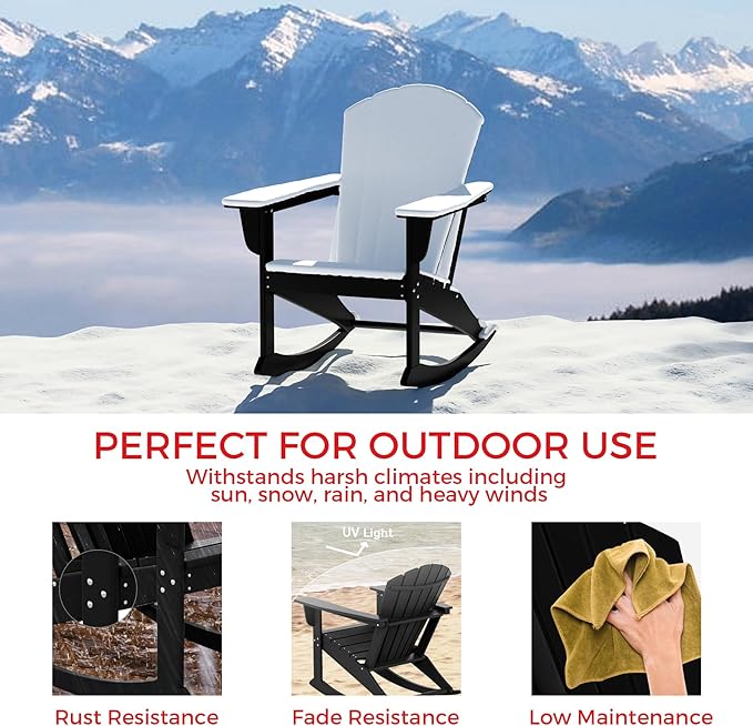 Costaelm Outdoor Adirondack Chair, All Weather Resistant Lawn Chairs Balcony Chair and Fire Pit Chairs, Deck Chairs Outdoor Porch Rocking Chair High Back HDPE Poly Lumber, Black