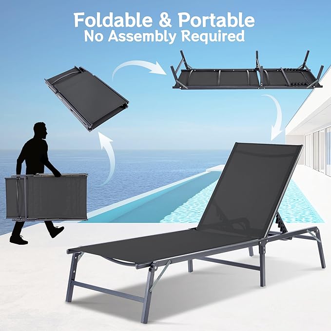 Outdoor Chaise Lounge Chair Set of 2, Foldable & Assemble-Free, 6 Adjustable Positions, Durable Rust-Resistant Frame - Photo 4