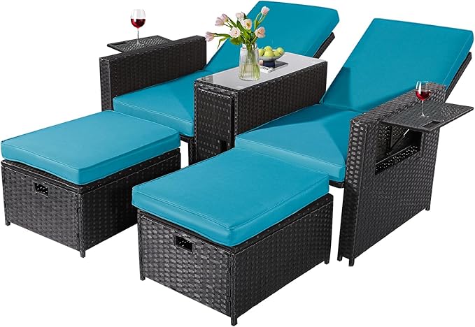 5PCS Outdoor Wicker Chaise Lounge Chair - Rattan Adjustable Reclining Patio Lounge Chair with Ottoman and Coffee Table - Photo 1