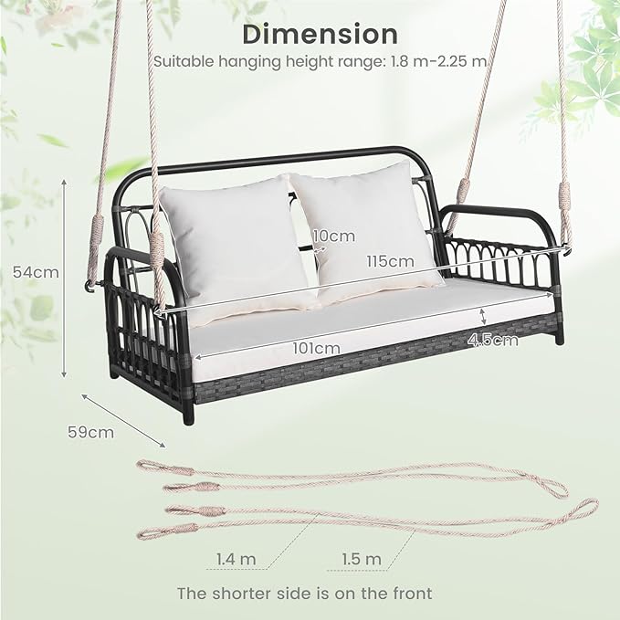 DORTALA 2-Person Porch Swing Outdoor, Patio Wicker Hanging Swing Bench with Cushions, Metal Frame, Ropes - Photo 5
