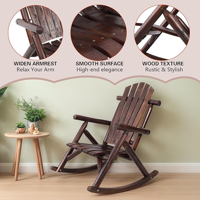 Wooden Rocking Chair Outdoor, Ergonomic High Back Patio Rocking Chairs, Porch Rocker for Backyard/Lawn/Patio/Garden/Balcony/FirePit/Indoor (Brown)