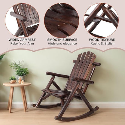 Wooden Rocking Chair Outdoor, Ergonomic High Back Patio Rocking Chairs, Porch Rocker for Backyard/Lawn/Patio/Garden/Balcony/FirePit/Indoor (Brown)